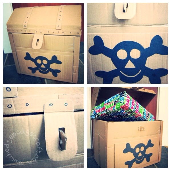 Pirate treasure chest made from a cardboard box