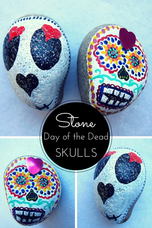 Painted stone day of the dead skulls